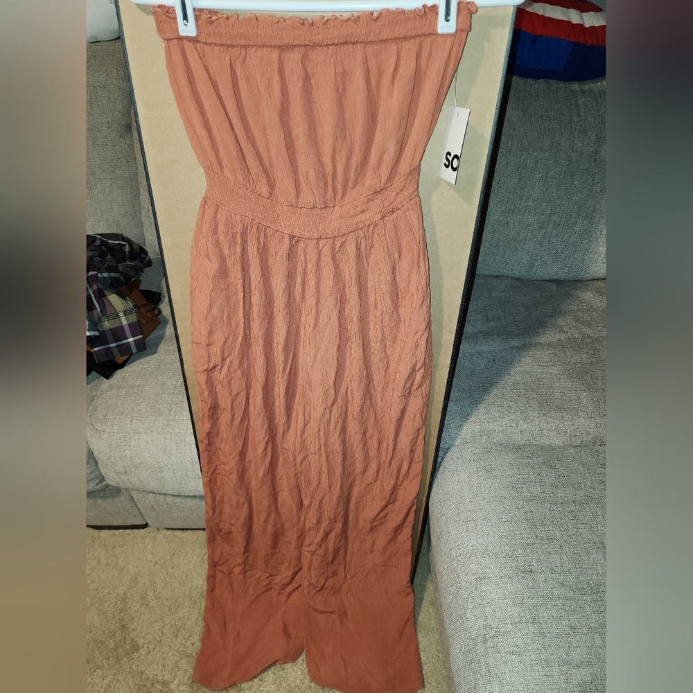 New SO Strapless Tube Smock Waist Jumpsuit Jersey Knit Pockets Wide Leg